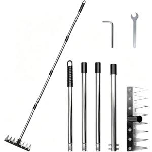 Heavy Duty Iron Weeding Rake, Complete Weed Rake Tool with 4-Section Adjustable Handle(33" to 65"), 8 Tines Thick Steel Weed Puller Tool for Raised Garden Beds, Flower Beds & Soft Soil