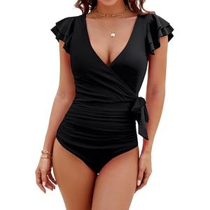 Blooming Jelly Women's Tummy Control Swimsuits Slimming One Piece Bathing Suit Modest Swimwear Ruffle Wrap V Neck Swimming Suit (Black,Medium)