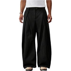 Men's Wide Leg Baggy Pants Zipper Fly Pleated Dress Pants Casual Business Suit Trousers with Pockets Slacks for Men (Medium, Black)