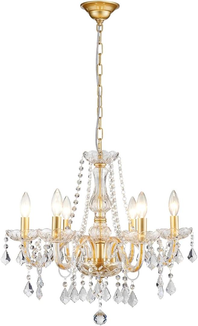 Crystal Chandelier Light Fixture, Modern K9 Crystal Chandeliers for Dining Room, 6-Lights Gold Ceiling Light, Adjustable Hanging Pendant Light Fixture for Living Room Entryway Kitchen Island Hallway, 27" High 22" Wide