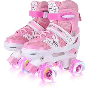 Adjustable Roller Skates for Girls & Kids, 4 Sizes, All Wheels Light Up, Beginner-Friendly,  Pink, Small-Little Kid(J11-1.5)