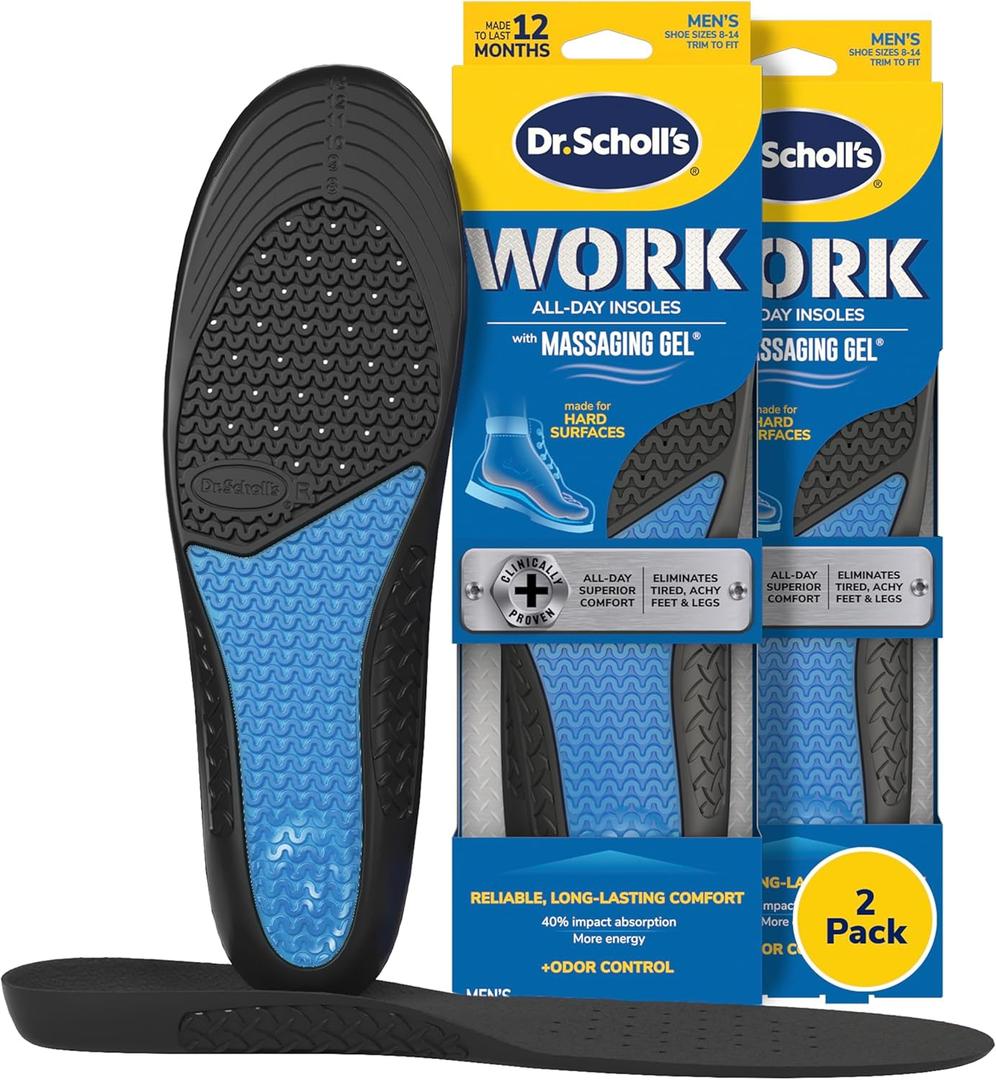 Dr. Scholl's Work All-Day Superior Comfort Insoles with Massaging Gel - Designed for Men & Women with Hard-Working Feet, Eliminates Sore Muscles and Tired Legs, Arch Support Inserts with Odor Control (1 Pair (Pack of 2)