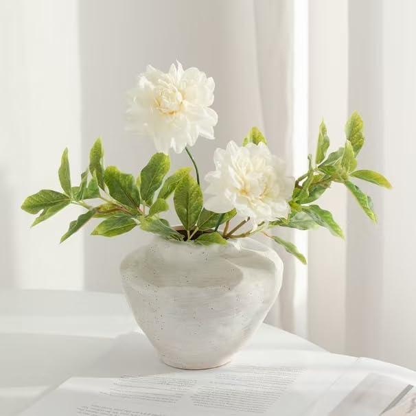 lekymo Ceramic Flower Vase with Two Bouquets of Artificial Gardenias Small Vases for Flowers White Vase for Home Living Room Dining Table Farmhouse Office Bedroom and Kitchen Shelf Decor