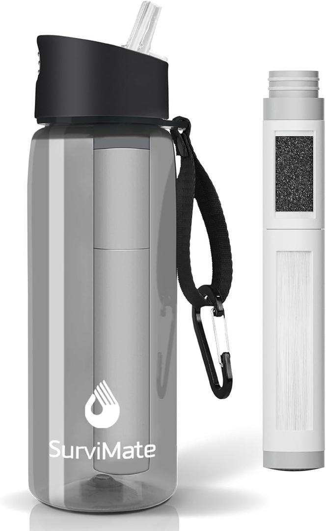 SurviMate 5-Stage 0.01m Ultra-Filtration Filtered Water Bottle, BPA-Free Material, NSF/ANSI 42&372 Certified, Portable Water Filter Bottle for Survival, Camping, Hiking, and Emergency Use Size: 22 Ounces