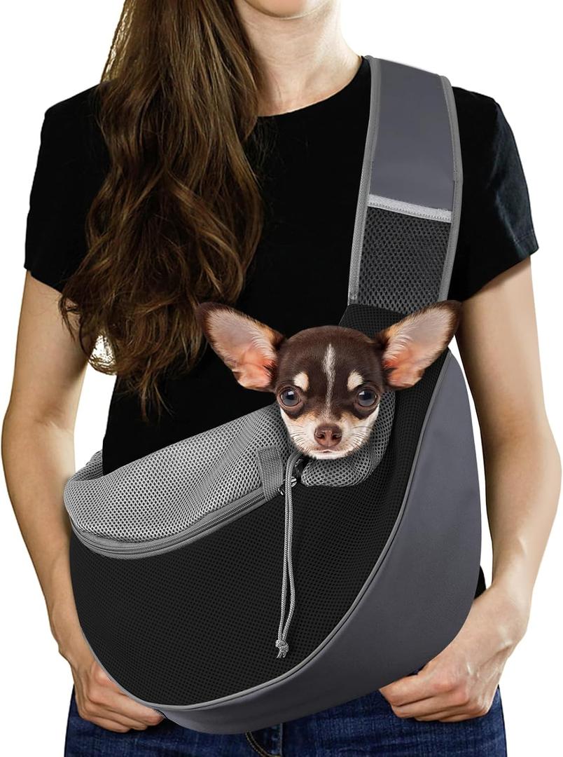 Pawaboo Pet Dog Sling Carrier, Hand Free Drawstring Dog Papoose with Adjustable Strap, Breathable Mesh Bag for Puppy Cat, Crossbody Satchel Dog Purse with Pocket for Outdoor, Dark Gray+Black, Medium
