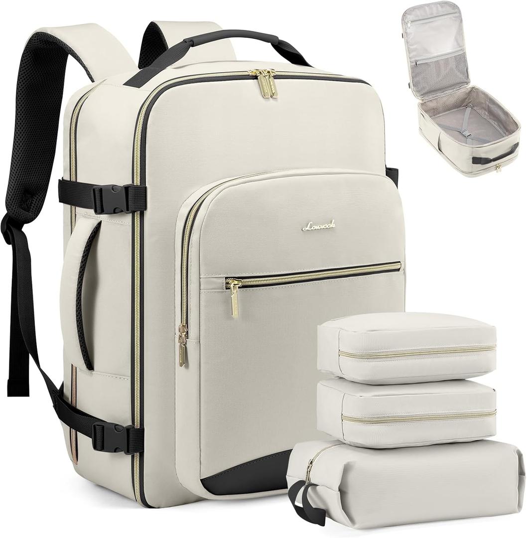 LOVEVOOK Travel Backpack for Women & Men 40L,Airline Approved Carry On Backpack Travel Essentials,TSA Carry on Luggage,Waterproof Personal Item Travel Bag,Suitcase with 3 Packing Cubes,Beige-Black (Large-40L-4Pcs)