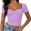 ForeFair Women's Sexy Short Sleeve Going Out Tops Pleated Bustier Shirt Cute Sweetheart Neck Y2K Crop Tee（Light Purple, XS）