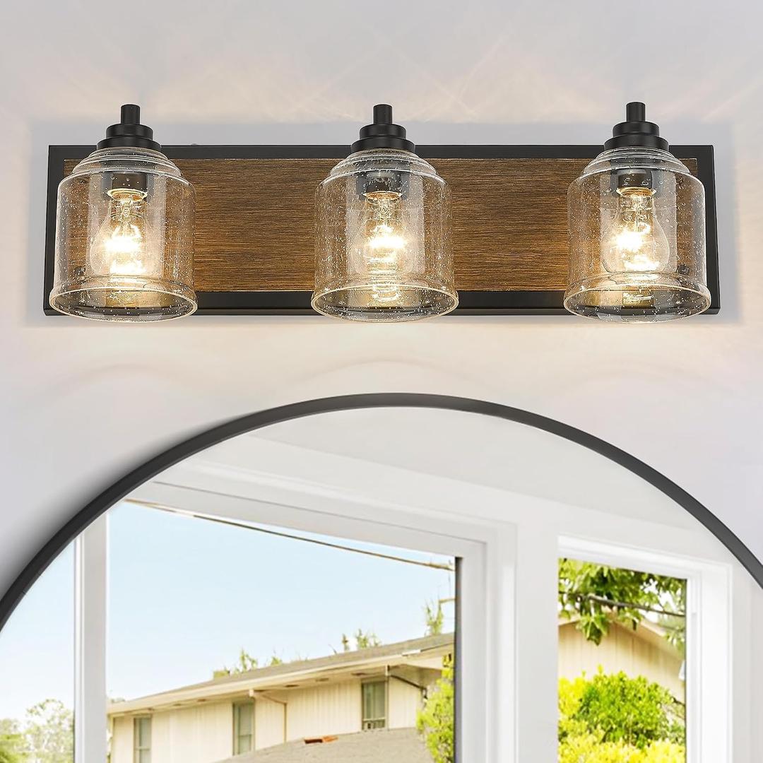 Vanity Lights for Bathroom Large 23", Farmhouse Rustic Vanity Light with Bubble Glass Shades, Brown 3 Light Bathroom Lighting Fixtures Over Mirror, Bath Wall Sconce Home Decor