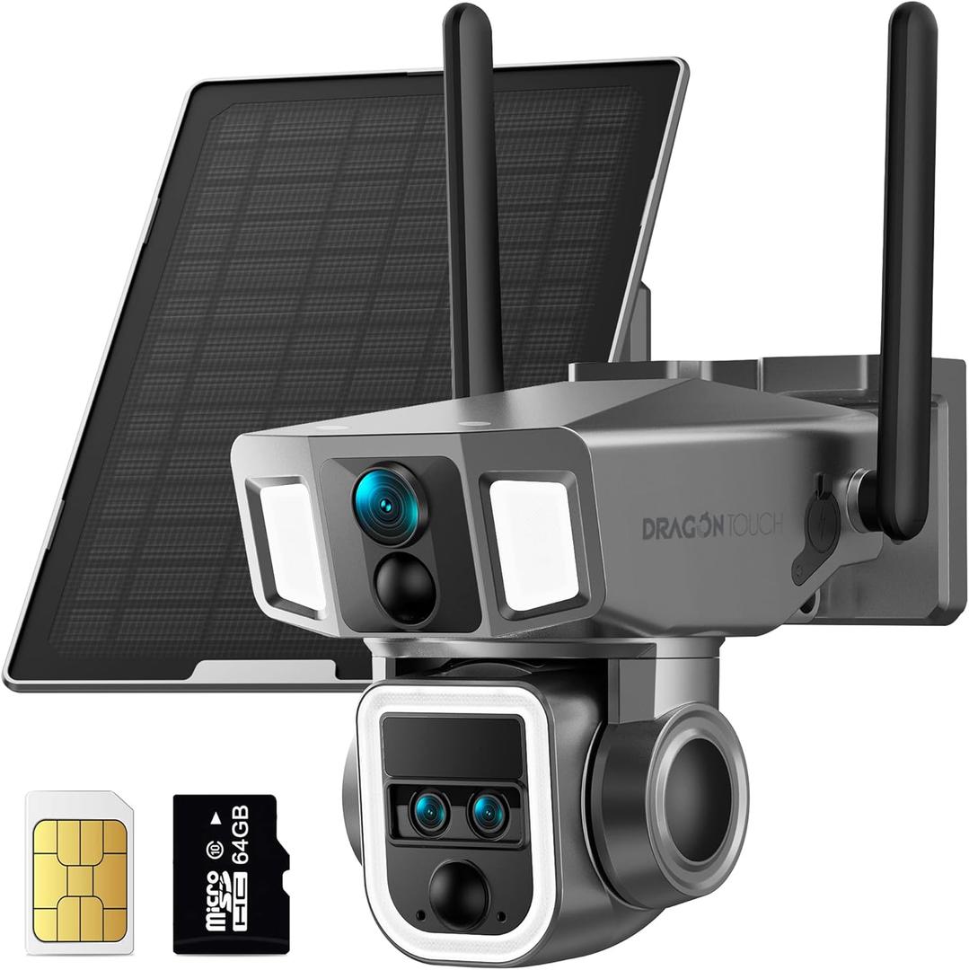 Dragon Touch 4G Cellular Security Camera, 4K Wireless Outdoor Solar Camera Triple Lens Bullet-PTZ Cam, 4G or WiFi, 10x Optical Zoom, 360 View, AI Tracking, with SIM Card, Local Storage