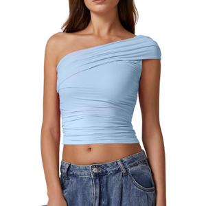 QINSEN Womens Sleeveless Foldover Top Double Lined One Shoulder T Shirts Summer Trendy Going Out Crop Tops (Small)