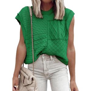 EVALESS Womens Short Sleeve Sweater Summer Fall 2025 Round Neck Crochet Pullover Cap Sleeve Knit Oversized Sweater Vest Tops (Green, XL)