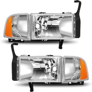 ELH Headlight Assembly Fit For 1994-2001 1994 1995 1996 1997 1998 1999 2000 2001 Dodge Ram 1500 94-01 1994-2001 Dodge Ram 1500/1994-2002 94-02 Dodge Ram Pickup 2500 3500 Headlights Chrome Housing