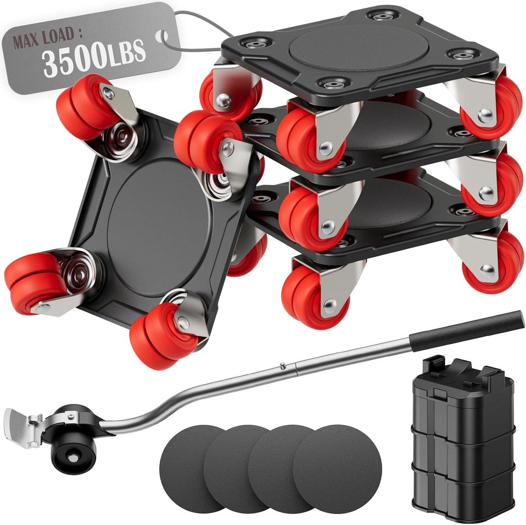 Heavy Duty Furniture Movers with 8 Wheels, Dual-Wheel Caster Square Dollies with Furniture Lifter and Base, 360 Swivel Casters, Non-Slip Pads, Up to 3500 lbs Load Capacity