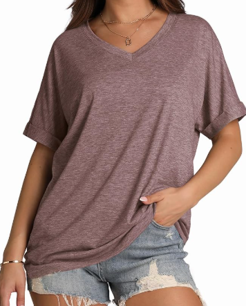 Womens Oversized Tshirts Shirts Summer Tops 2024 Fashion Short Sleeve V Neck Outfits Plus Size Clothes (XX-Large, Coffee)