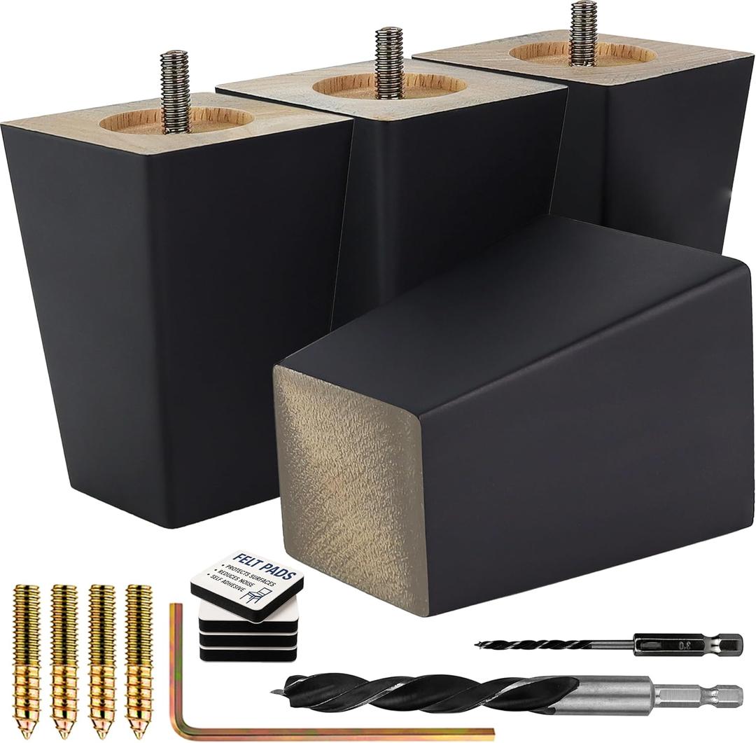 Airy Abode Premium Black Square Furniture Legs (Full Install Kit) - Pick Your Size and Color (4 Inches)