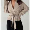 GORGLITTER Women's Cropped Short Trench Coat Jacket Blazer Fall Trendy Long Sleeve Belt Business Casual Work Outerwear Khaki Medium