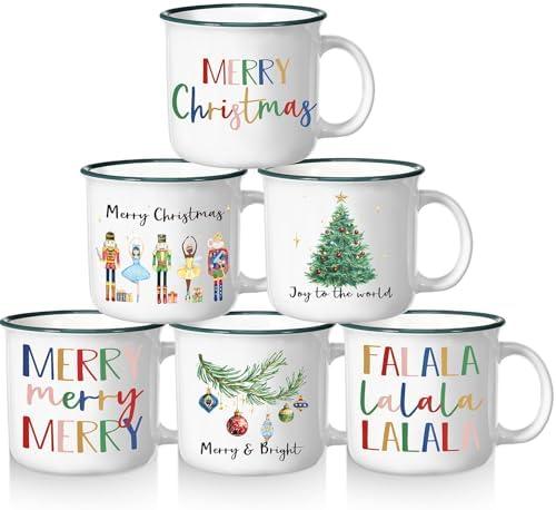 Pickmesh Christmas Coffee Mug Set of 6, Festive Holiday Designs with Nutcracker, Tree Prints – 12 oz Ceramic Enamel Cups for Hot Cocoa, Tea, and Seasonal Beverages – Dishwasher & Microwave Safe