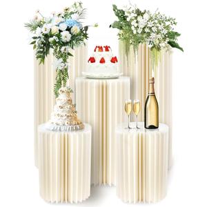 5 Pcs Foldable White Cylinder Stands for Party, 31.5", 23.6", 15.7" Height Portable Cake Pedestal Stand with Clear Acrylic Plate, Cake Cylinder Stand for Wedding Banquet Decor