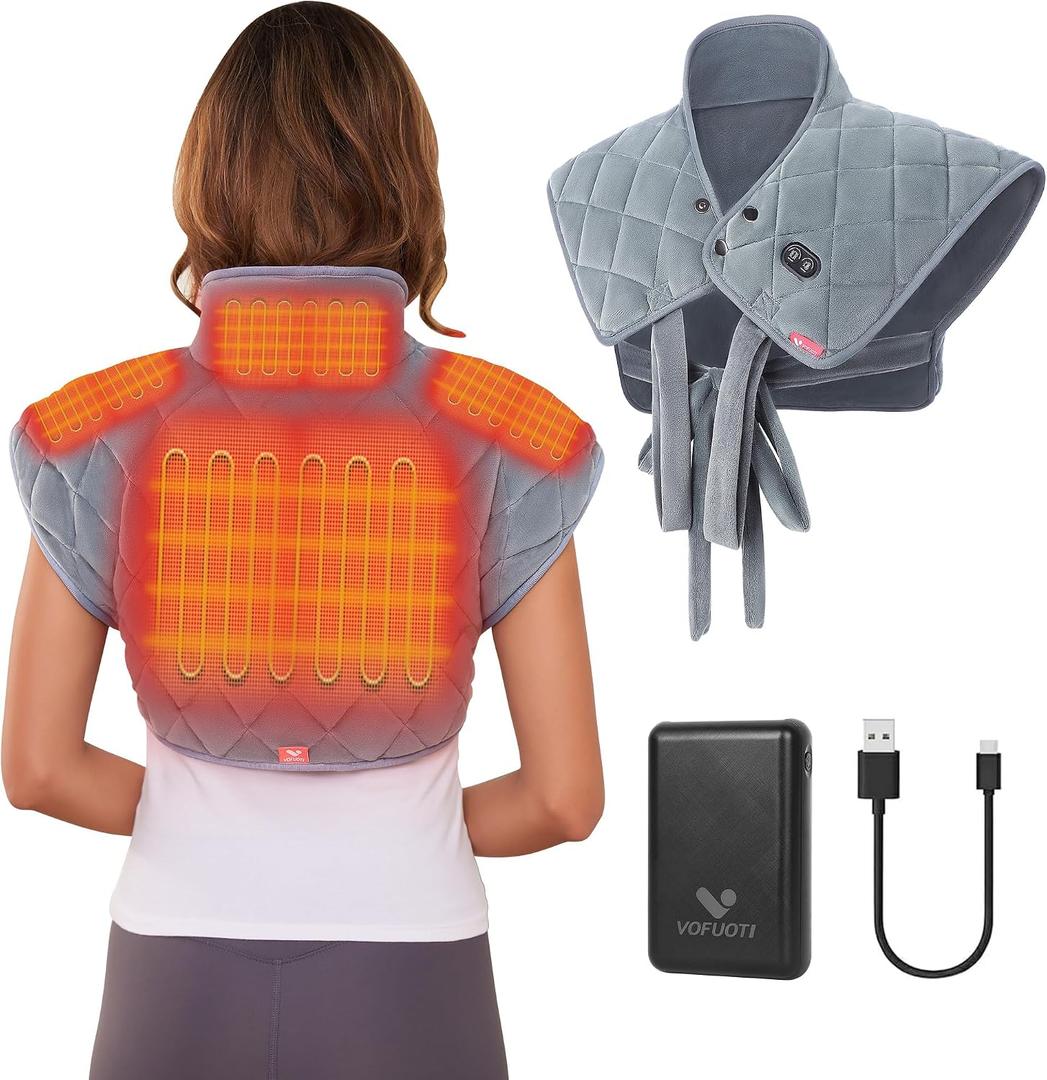 Vofuoti Heating Pad for Neck and Shoulders, Portable Cordless Heating Pad with Massager and Battery, Weighted Electric Heated Neck Shoulder Wrap, 16'' x 22'', 2.2lbs-Gray