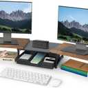 Desk Dual Monitor Stand Riser - Desk Organizer with Drawer and Pen Holders, Office Desk Accessories & Workspace Organization, Computer Monitor Stand for Laptop, Printer, TV, Office Decor, Wood