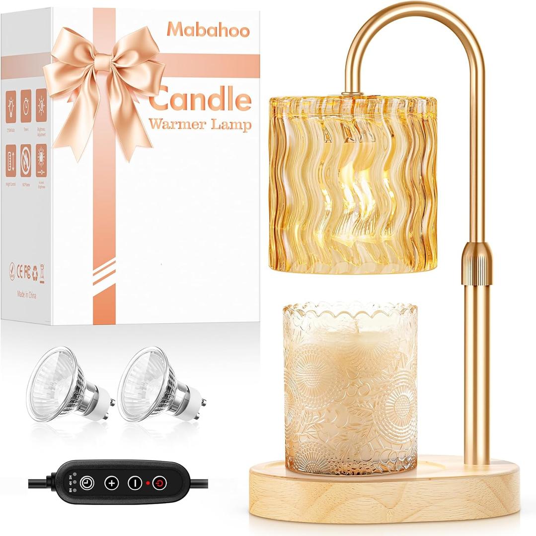Mabahoo Candle Warmer Lamp with Timer, Birthday Gifts for Women Mom, Height Adjustable Candle Lamp Warmer for Jar Candles, Dimmable Wax Melt Warmer with 2 Bulbs, House Warming Gifts New Home Decor (Amber)