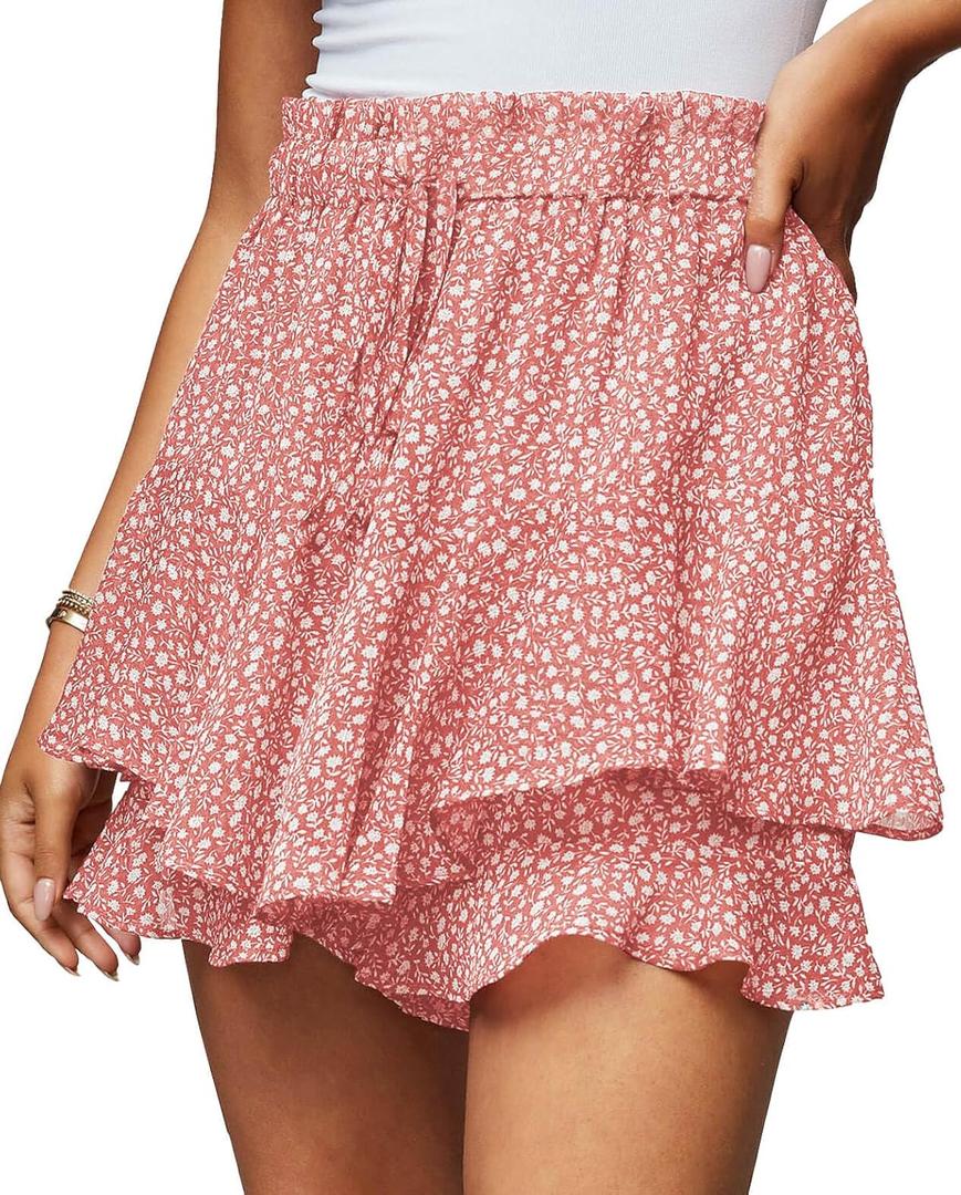 Women's Summer Floral Ruffle Hem Skirt Shorts Elastic High Waist Layered Tiered Boho Mini Skorts Skirts (Large, Pink)