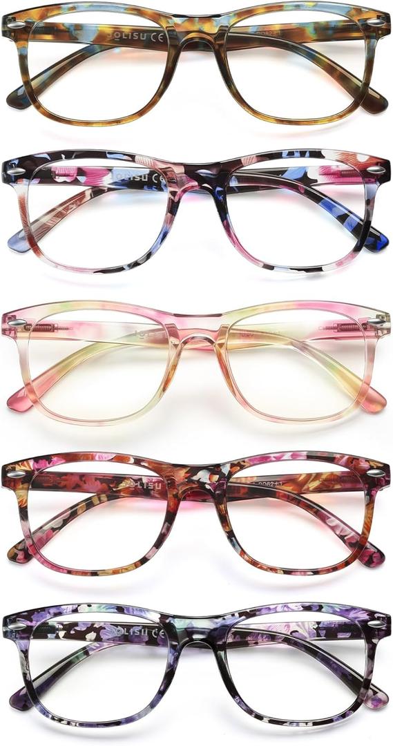 JOLISU Reading Glasses For Women - 5 Pack Stylish Readers For Womens Men Spring Hinge Eyeglasses -Blue Light Blocking Protection Frame (1.50)
