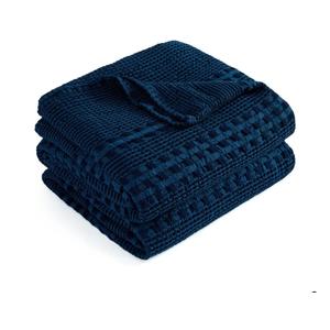 Cooling Waffle Weave Blanket Queen Size, 60% Cotton 40% Rayon Derived from Bamboo 90"X90", Navy Blue Soft Lightweight Bed Throw for Hot Sleepers, Breathable Cozy Comfort for Couch Sofa