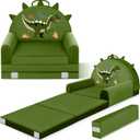 Dinosaur Kids Sofa Bed with Removable Washable Cover & Hook and Loop Backrest  Foldable Toddler Chair, Cozy Crystal Velvet Furniture for Playtime, Naps & Travel (Dark Green, Dino Design)