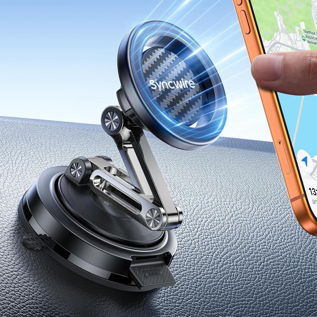 SYNCWIRE for MagSafe Car Mount, [3-Axis Adjustable] Vacuum Magnetic Phone Holder, Replaceable Suction Cup (Dashboard/Windshield), 360 Rotation, Foldable, for iPhone 17-12 Pro/Max/Plus, Carbon-Fiber