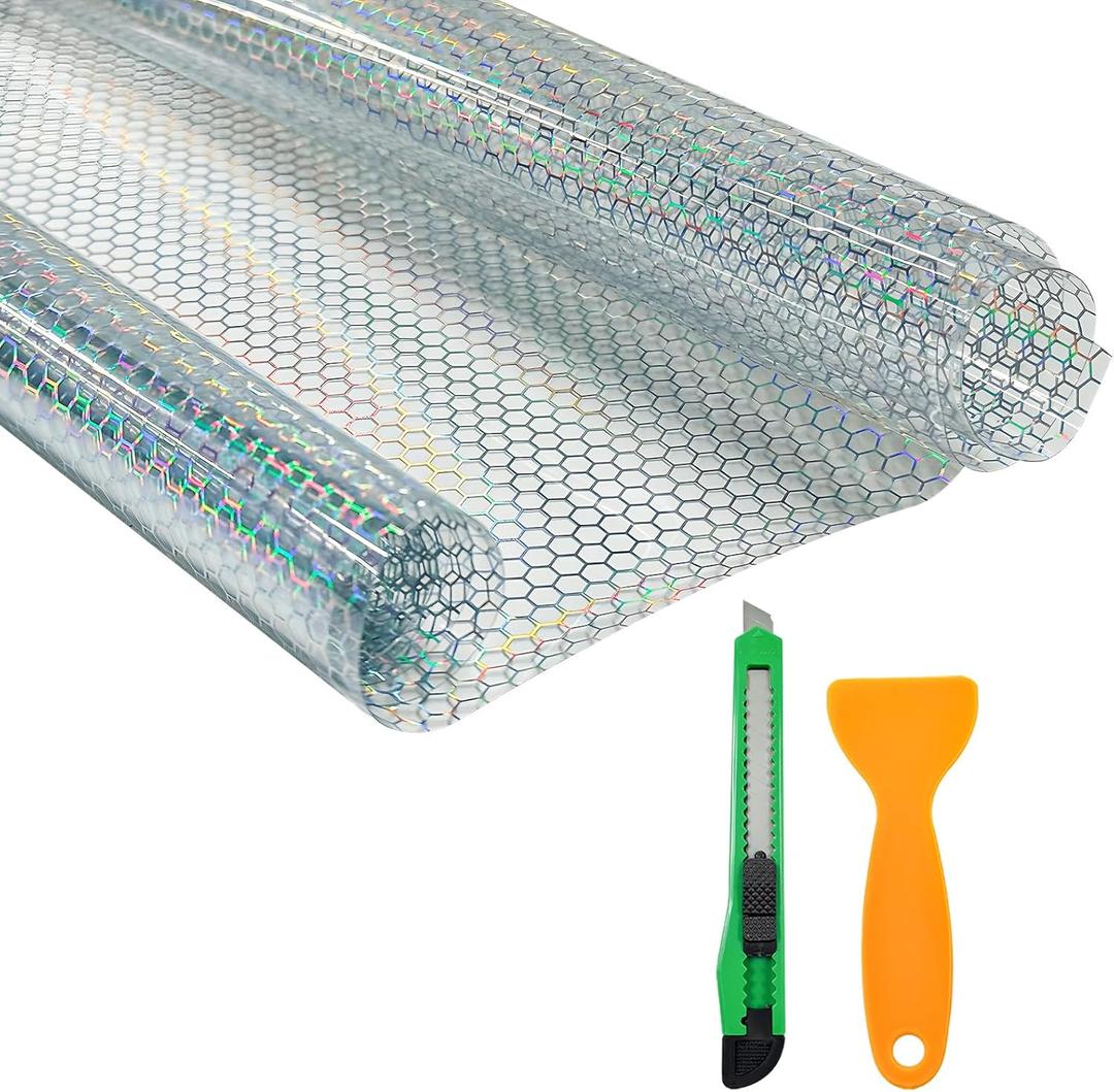 Car Honeycomb Graphic Headlight Tint, Gloss Holographic Laser Auto Taillight Film with Squeeze & Cutter, Self Adhesive Honeycomb Type Fog Light Cover Trim for Cars Vans SUVs (Transparent)