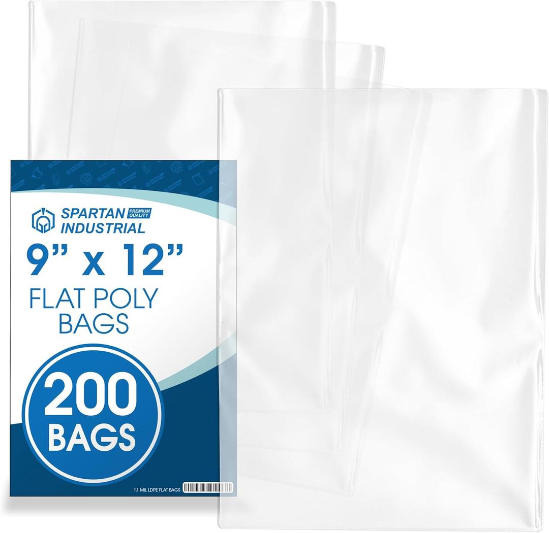 9" X 12" Open-End Flat Poly Bags (200 Count) - 1.1 Mil Plastic Clear Bags for Packaging, Shipping, Storage - No Adhesive Strip - Spartan Industrial