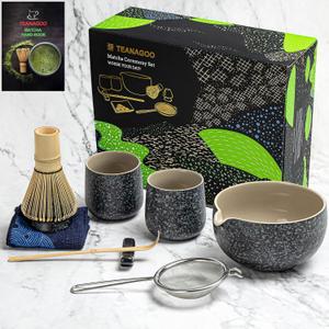 TEANAGOO 9 Pcs Matcha Whisk Set,Ceramic Matcha Set,Matcha Kit for Ceremony,Matcha Tea Set for Making Breakfast/Matcha Latte,Matcha Whisk and Bowl Set with 2 Matcha Cups(7.2oz),Gift for Matcha Lover (Charcoal Black 2)