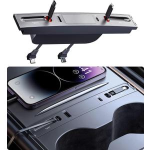 Retractable USB Hub for Tesla Model Y 2021-2024 & Model 3 2021-2023 Center Console With Fast Charging and Built-in Cables, Accessories
