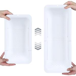 BLUE GINKGO Over the Sink Colander Strainer Basket - Wash Vegetables and Fruits, Drain Cooked Pasta and Dry Dishes - Extendable - New Home Kitchen Essentials (7.9 W x 14.5-19.5 L x 2.75 H) - White