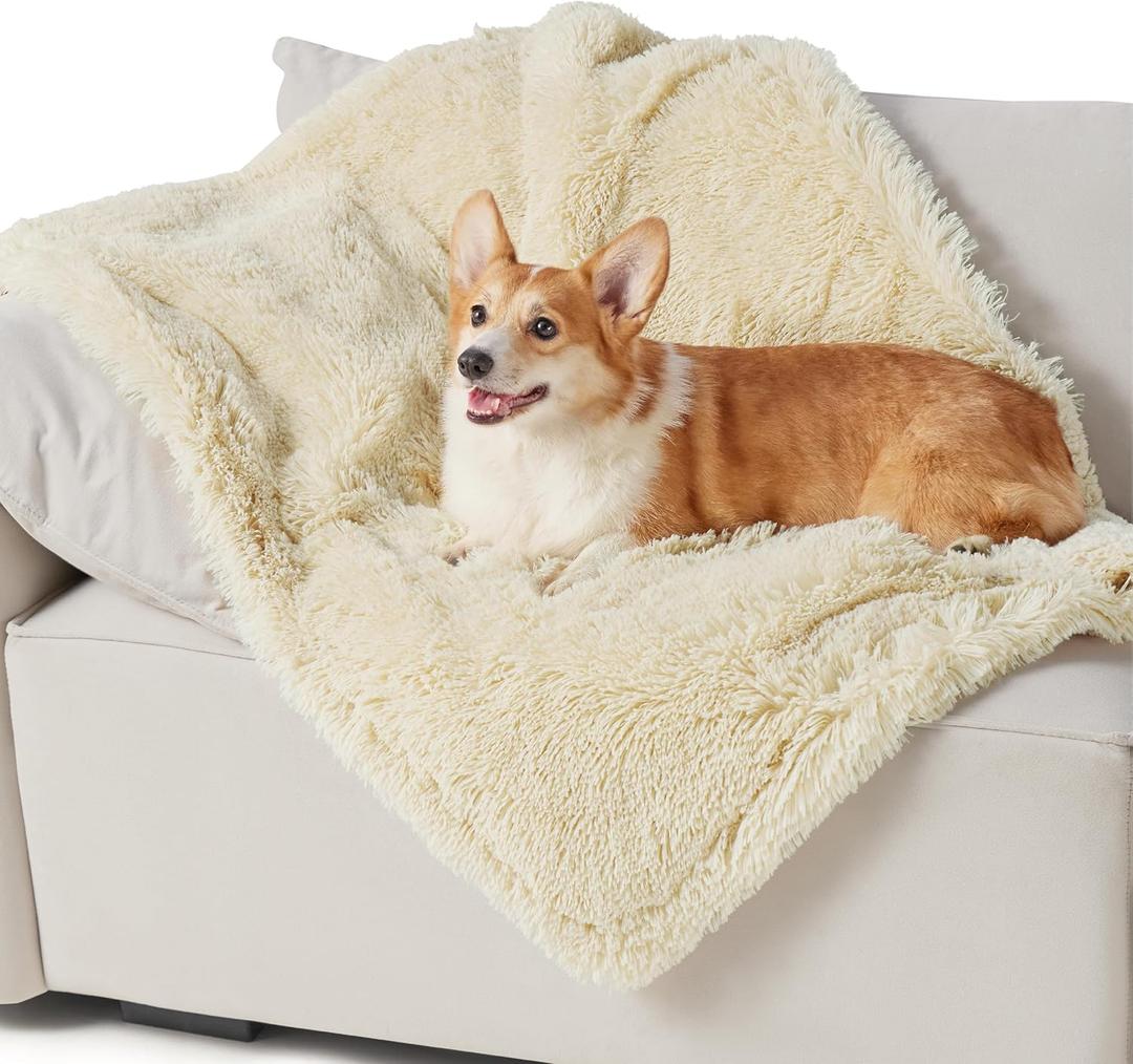Bedsure Waterproof Dog Blankets for Small Dogs  Calming Cat Blanket for Couch Protector Washable, Long Faux Fur Pet Throw Blanket for Puppy, Reversible Furniture Protection, 25"x35",Cream