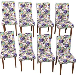 Stretch Dining Chair Covers Set of 8,Floral Print Chair Covers,Soft Removable Washable,Pet Friendly Furniture Protector,Universal Chair Slipcovers for Home, Kitchen,Ceremony Dining Room Seat (Purple Iris Patterns)