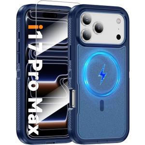 Magnetic Case for iPhone 17 Pro Max [Compatible with Magsafe] [Glass Screen Protector] [Dual Layer Military-Grade Protection] Heavy Duty Shockproof Cover for iPhone 17 Pro Max 6.9 inch, Blue