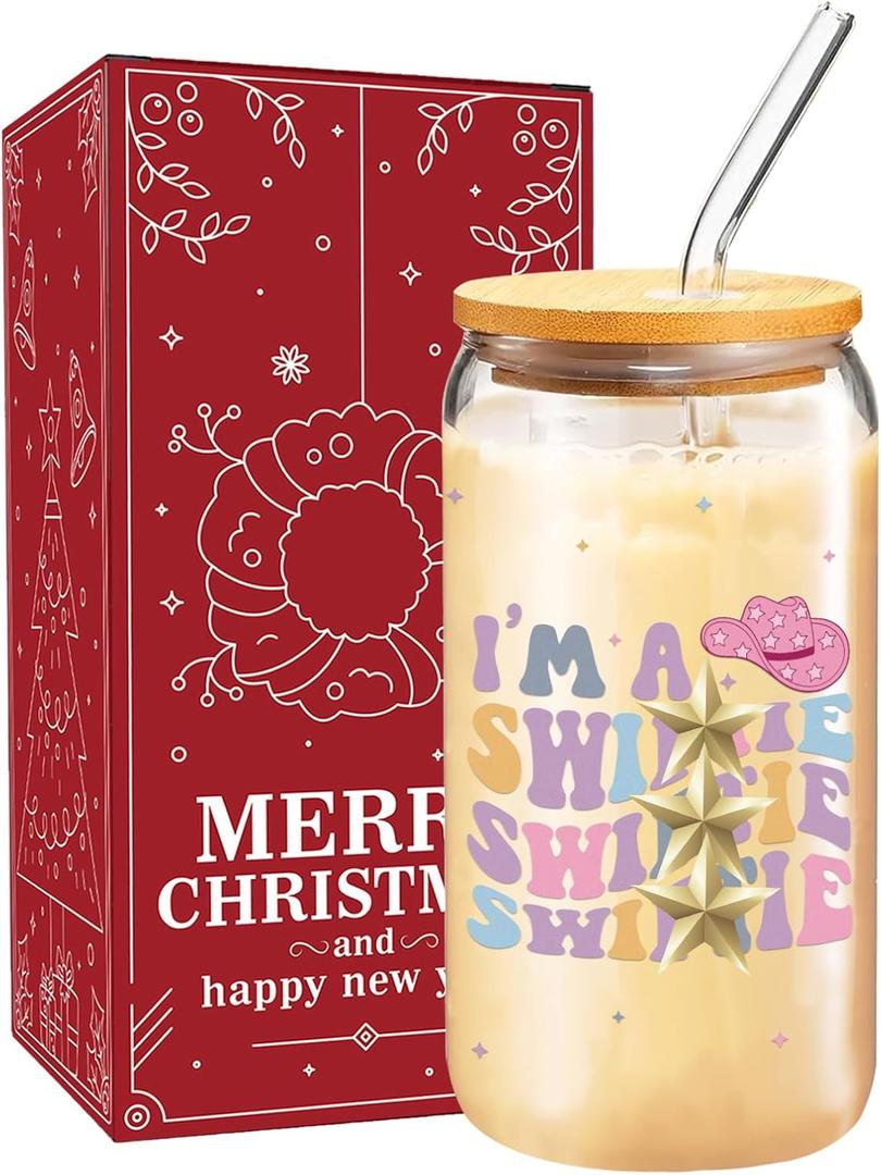 Christmas Glass Cup for TS Fans, 16 oz Glass Cup with Lid Straw & Cleaning Brush, Holiday Coffee Drinking Glass Tumbler for Women Girls, Singer Merch Party Supplies White Elephant Gifts (Swift)