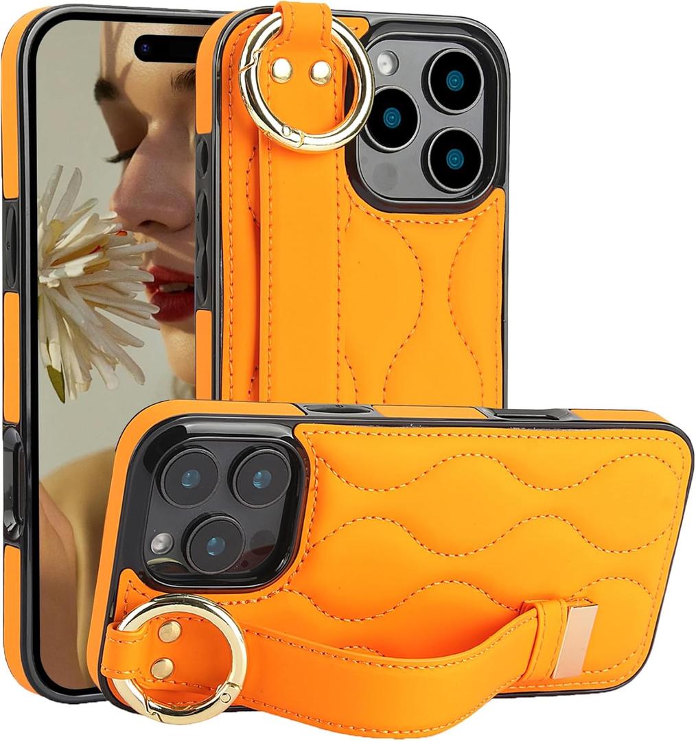 CCSmall for Apple iPhone 16 Pro Max Case with Adjustable Wristband Strap Kickstand, PU Leather Handstrap Grip Loop Wristband Phone Cover with Ring Finger Cute Case for iPhone 16 Pro Max Orange
