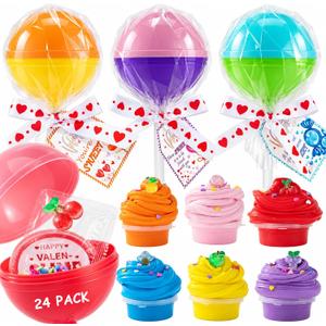 24pcs Easter Basket Stuffers for Kids,Valentines Day Gifts for Kids Classroom-Lollipop-Shaped Slime with Cards,Valentines Day Cards for Kids School Classroom,Slime kit for Girls Boys