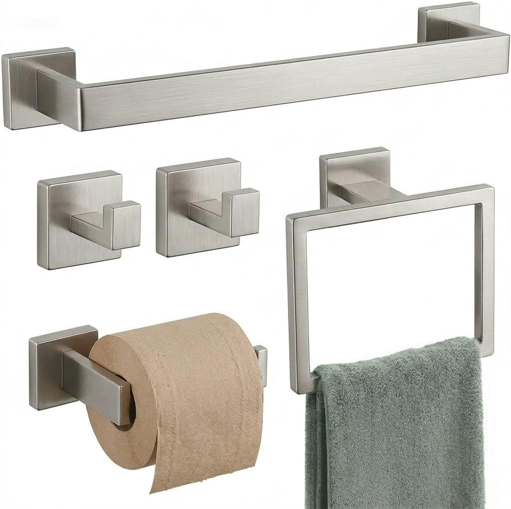 Brushed Nickel Bathroom Hardware Set, 5-Piece SUS304 Stainless Steel Towel Rack, 23.6 Inch Towel Bar with Hand Towel Ring, Toilet Paper Holder, Robe Hooks, Heavy Duty Square Wall Mount
