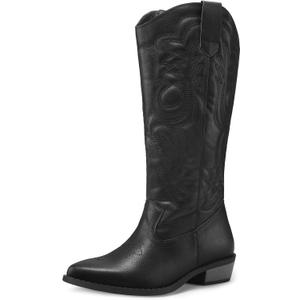 Mysoft Women's Cowboy Boots Mid Calf Western Embroidered Pointed Toe Chunky Heel Pull On Cowgirl Boots Fit Medium Wide Width (9.5, Black)