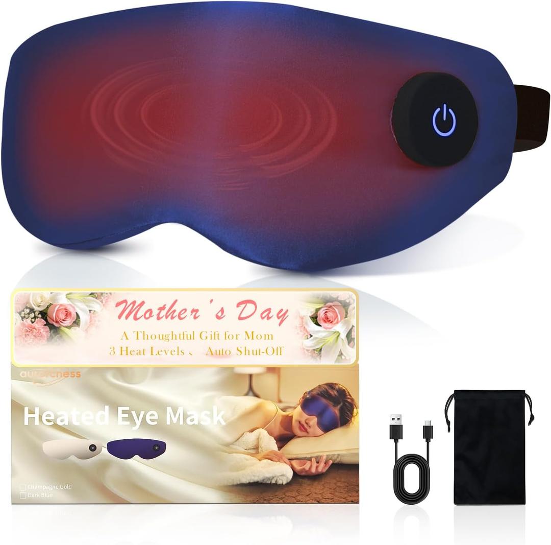 Heated Eye Mask for Dry Eyes – Cordless Warm Eye Compress, 100% Mulberry Silk Sleep Mask with Graphene Heating, 3 Heat Levels and Auto Shut-Off, Rechargeable and Washable