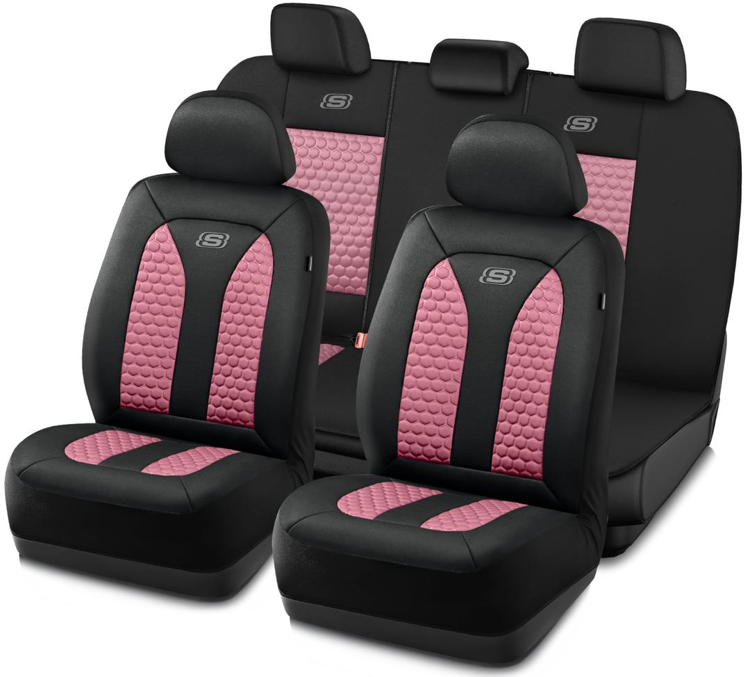 Skechers Memory Foam Car Seat Cover Full Sets, Hexcomb Breathable Thick Seat Covers, Airbag Compatible, Automotive Comfort & Protection for Most Cars,Van,Trucks, SUVs (Pink,Full Set)