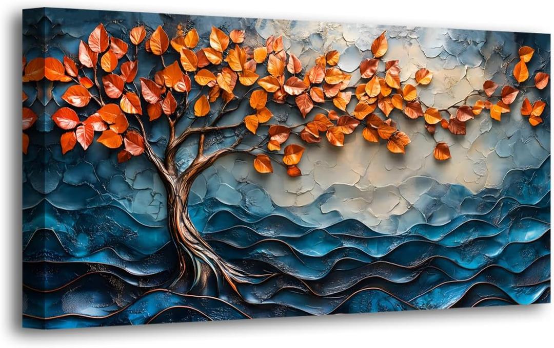 Tree of Life Canvas Wall Art Bedroom Wall Decor Living Room,Abstract Wall Art Office Kitchen Paintings Artwork Modern Blue Wave Leaf Pictures Art Prints Waterproof Ready to Hang-20x40inch (40L" x 20W")