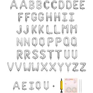 58 PCS Letter Balloons Alphabet Letters 2 Sets A- Z & 1 Sets AEIOU 16 - Inch Mylar Foil Balloons Set for Wedding/Birthdays/Annivs/Grads party Decoration Banner Custom Phrase (Silver)