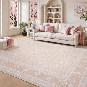 Lessymo 8 x 10 Area Rugs for Living Room, Machine Washable Area Rugs Boho Faux Wool Low Pile Area Rug for Bedroom, Floral Medallion Vintage Rugs with Non-Slip Rubber, Kid & Pet Friendly,Pink