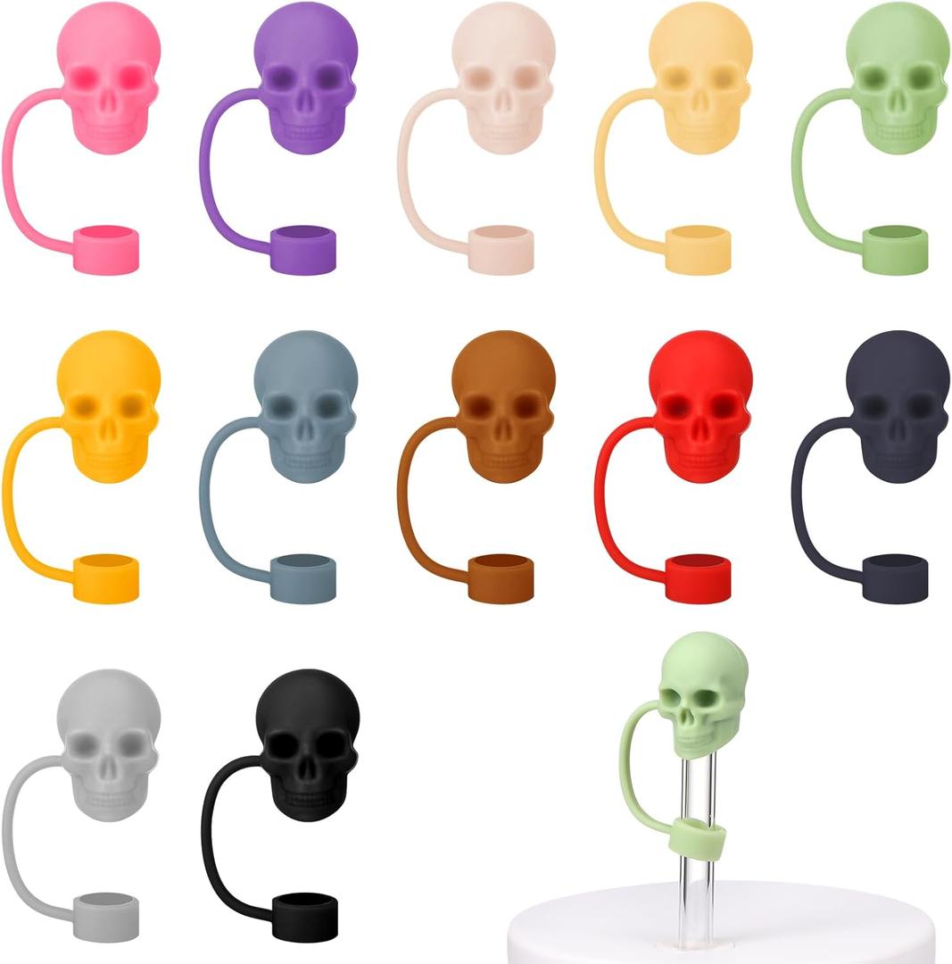 12 Pcs Skull Straw Topper Cover Skull Straw Cover Cap Compatible with Stanley Cup 30, 40 oz, 8 mm, Colorful Dustproof Reusable Silicone Cap