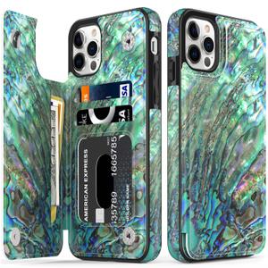 LETO for iPhone 12 Mini Pro Case,iPhone 12 Mini Case,Flip Folio Leather Wallet Cover with Fashion Flower Designs for Girls Women,Card Slots Kickstand Protective Phone Shell Green Oyster Shell